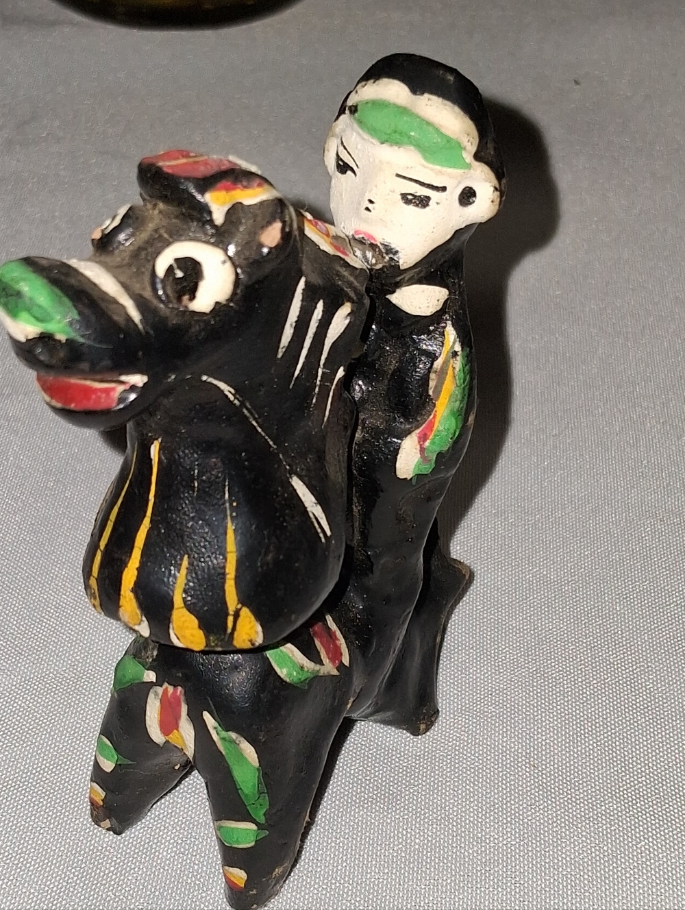 Black Hand-Painted Clay Bull Rider Figurine